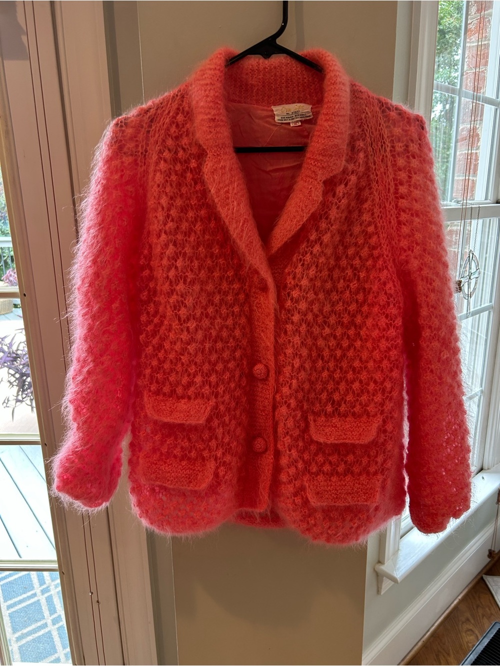 Hand Knit Cardigan 22” pit to pit Mohair-Wool Button 27” length Lined Coral Pink